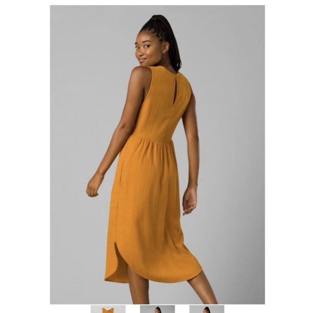 Prana Seakissed Dress Smocked Bodice Pockets Organic Cotton Copper Woman's Large - Picture 2 of 7